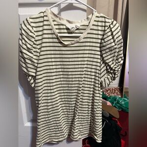 Pomander Place Green and Cream Striped Short Sleeve Top
